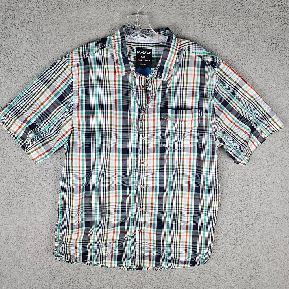 KAVU Shirt Mens Large Multi Plaid Short Sleeve Regular Fit Collared Button Up‎